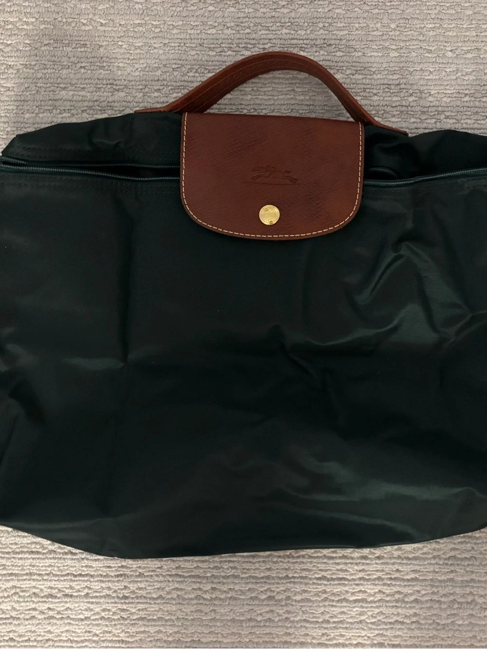 Longchamp Le Pliage Nylon Briefcase. Hunter Green with Brown Leather Handle